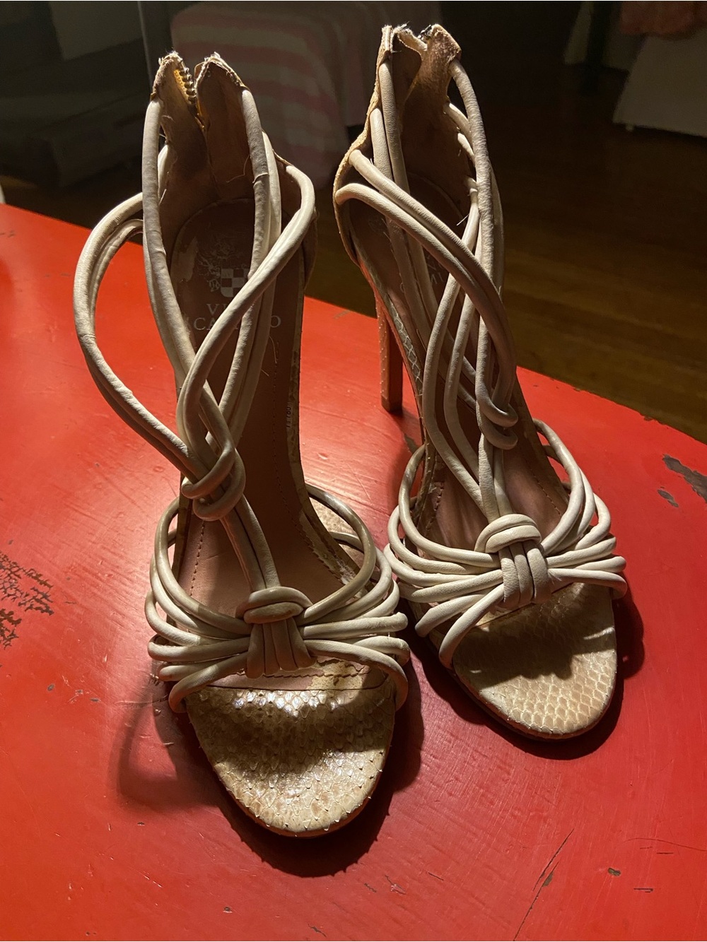 Vince Camuto Beige Knot-Strap Stiletto Sandals